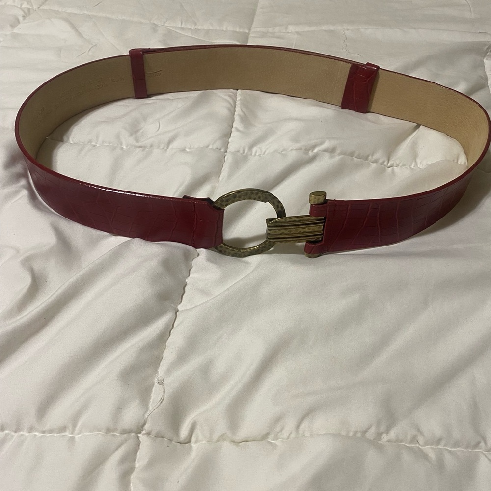 Elegant Red Leather Belt with Gold Buckle